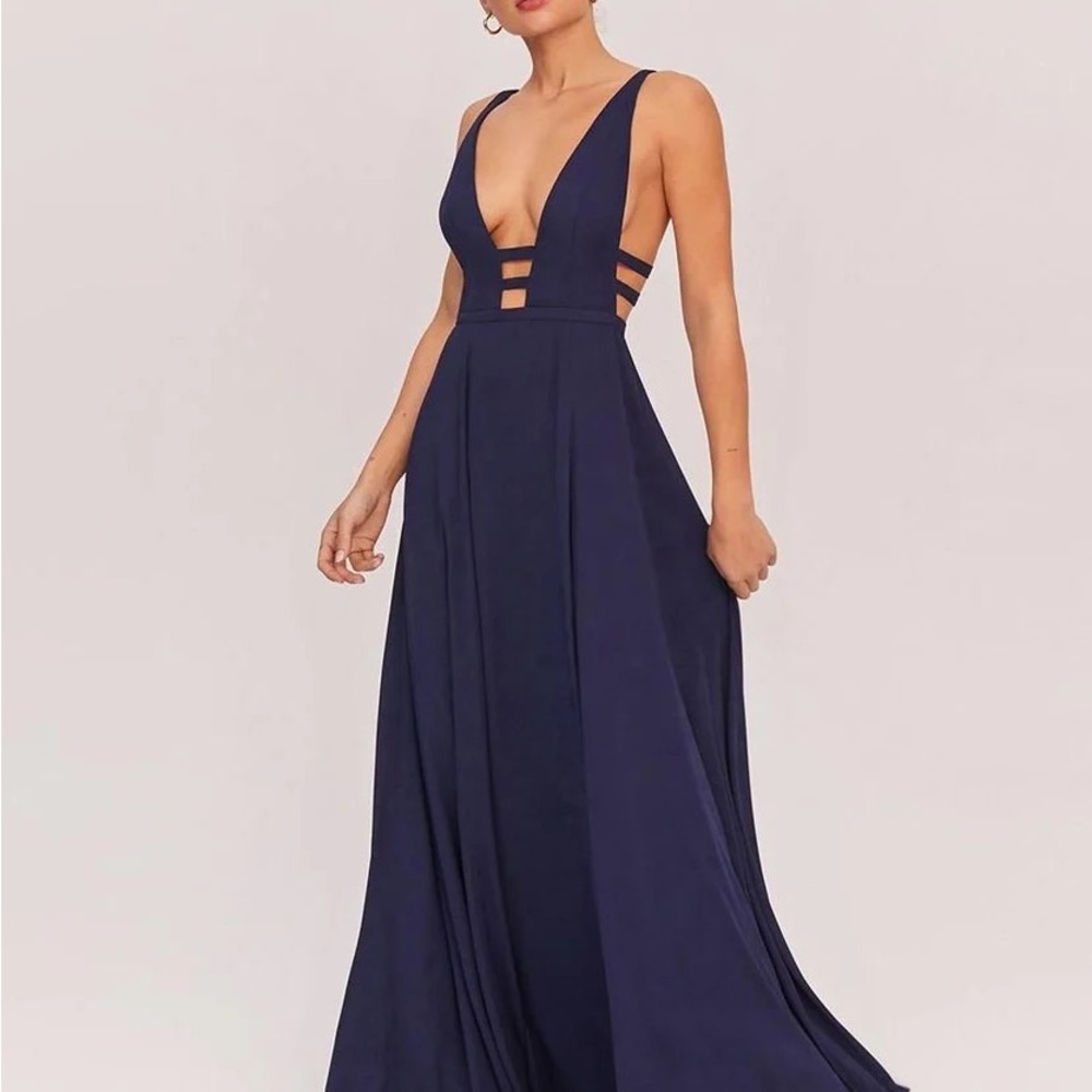 fame and partners navy prom dress